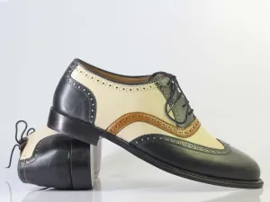 Bespoke Black Beige Leather Tan Cap Toe Lace Up Shoe for Men