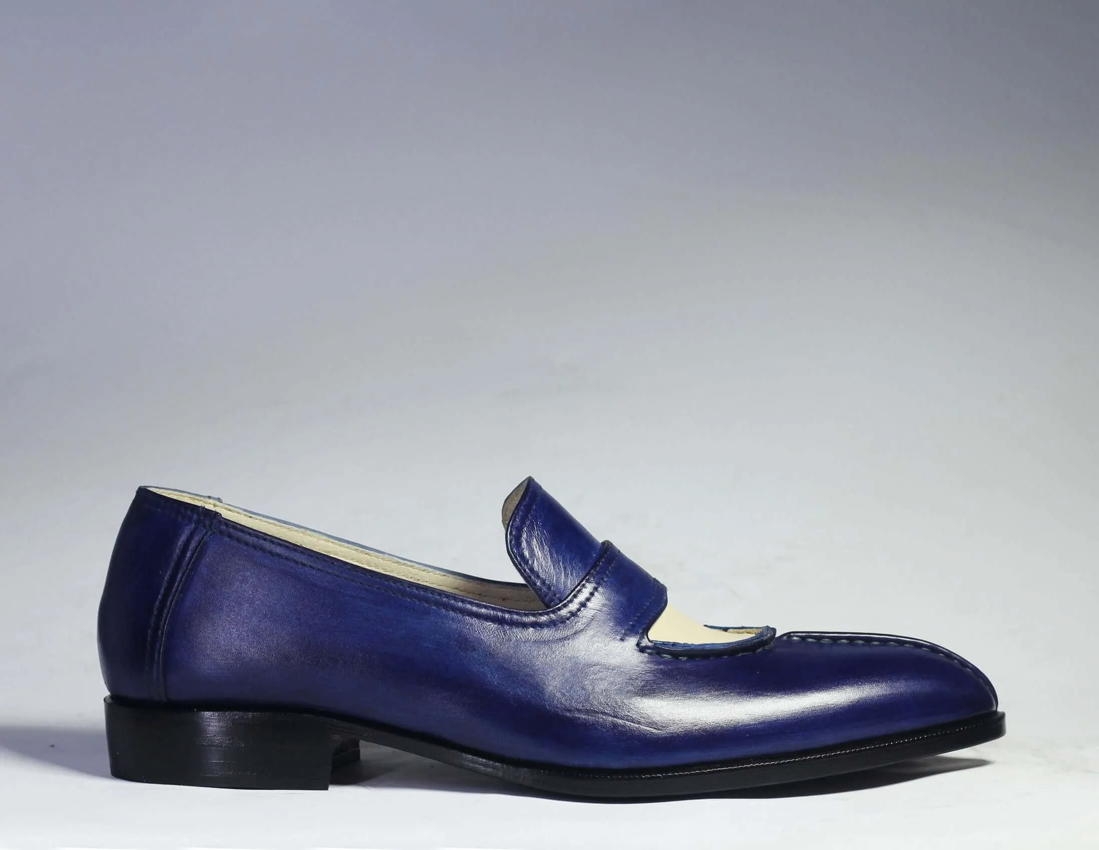 Bespoke Blue Leather Split Toe Shoe for Men