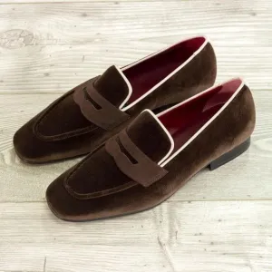 Bespoke Dark Brown Suede Penny Loafer for Men