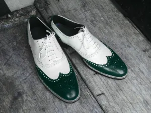 Bespoke Green White Leather Wing Tip Lace Up Shoe for Men