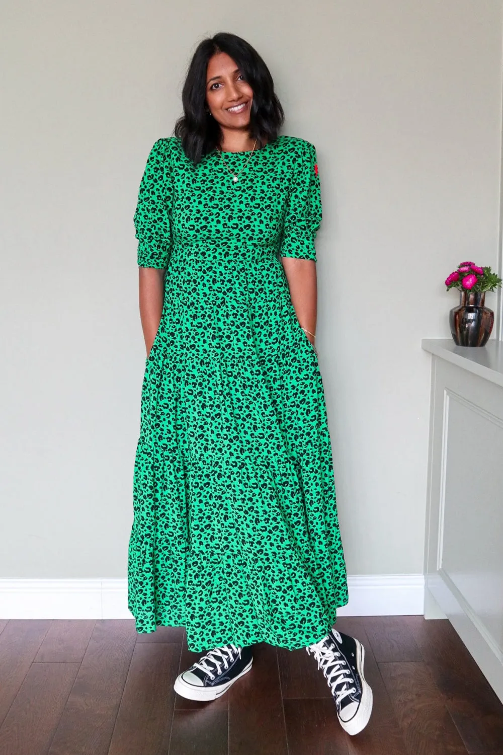 Bright Green Leopard Tiered Maxi Dress