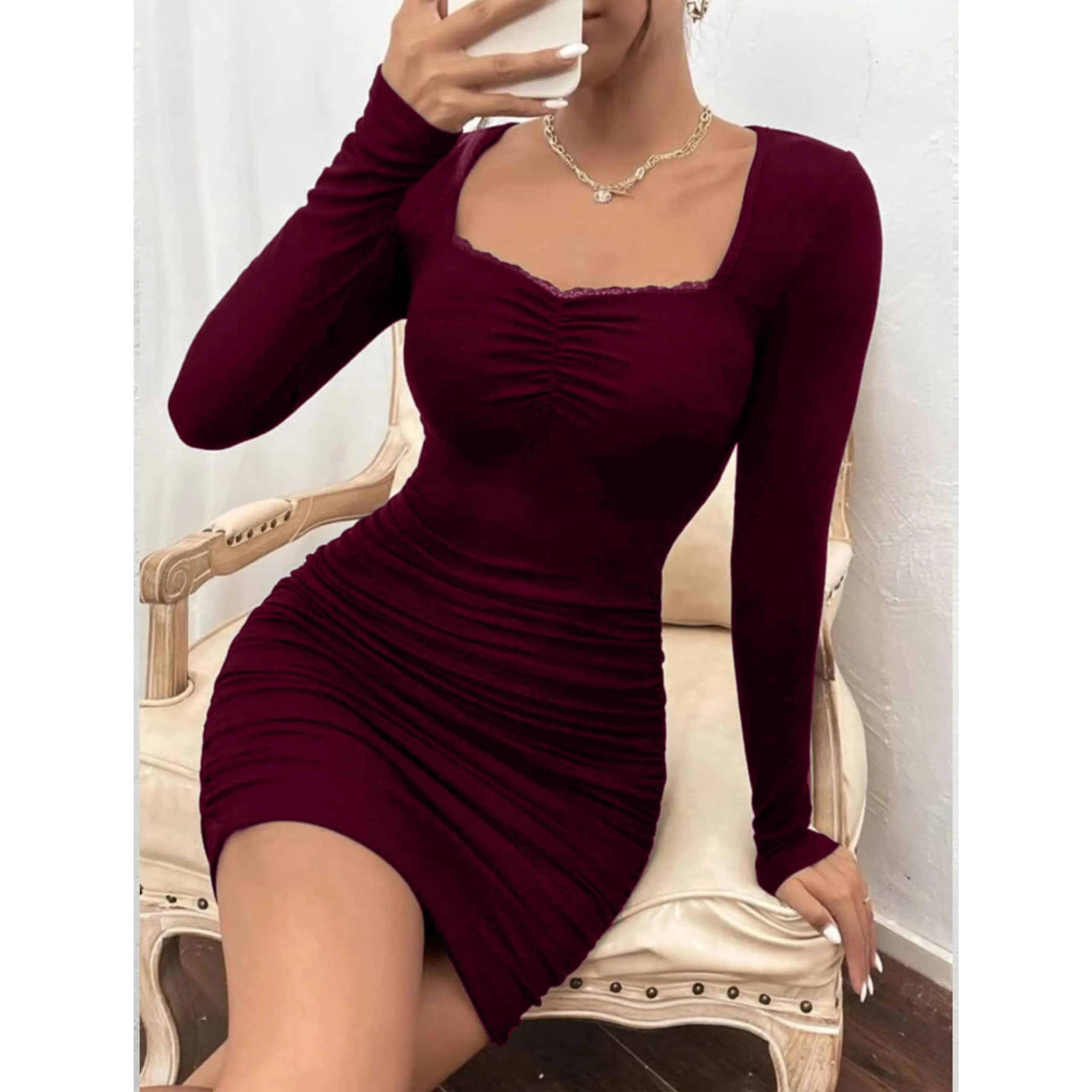 GLARE & BLAIR Solid Sweetheart Neck Lace Trim Long Sleeves Bodycon Ribbed Mini Dress for Women (Small, Maroon04)