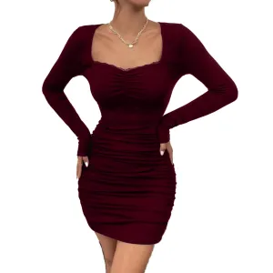 GLARE & BLAIR Solid Sweetheart Neck Lace Trim Long Sleeves Bodycon Ribbed Mini Dress for Women (Small, Maroon04)