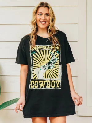 Kicks Rocks Cowboy on black tee shirt dress