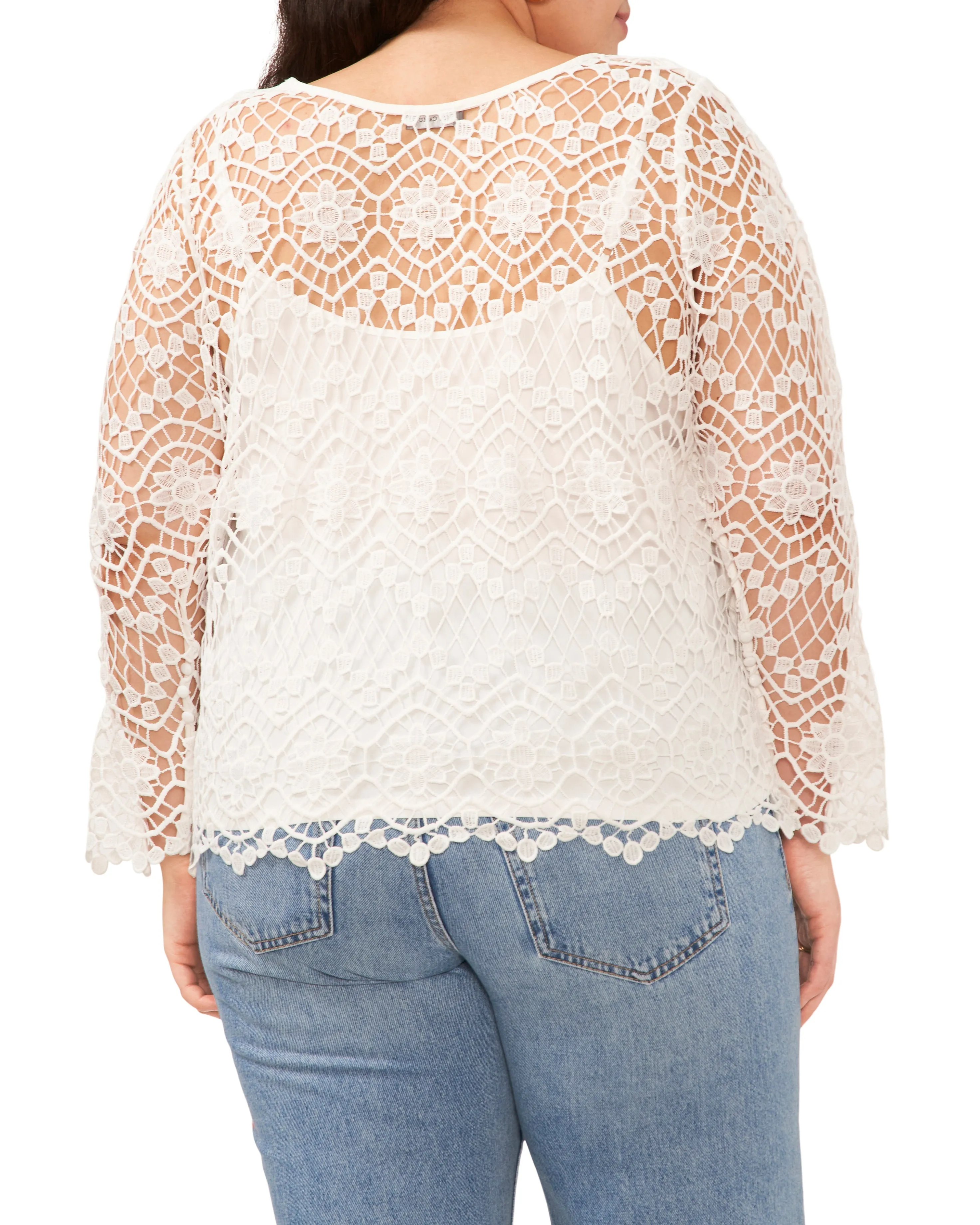 Plus-Size Open-Weave Floral Lace Cropped Blouse