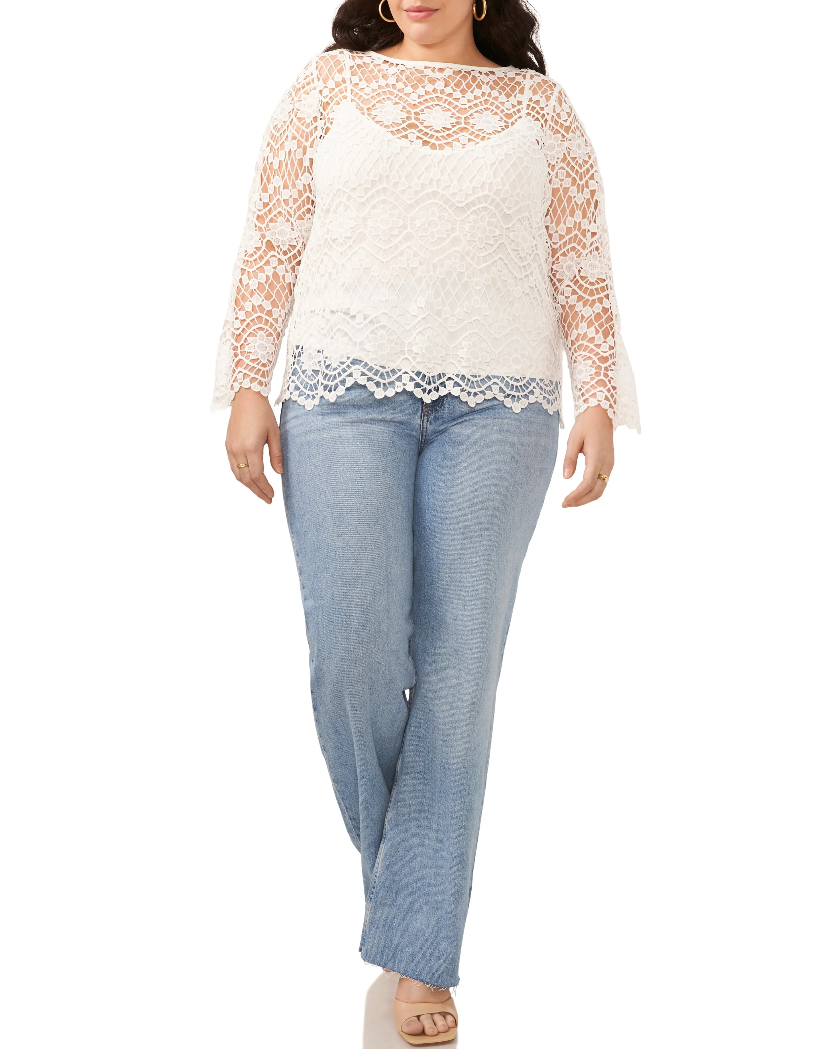 Plus-Size Open-Weave Floral Lace Cropped Blouse